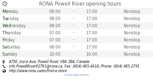 RONA Powell River opening hours, 4750, Joyce Ave