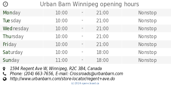 Urban Barn Winnipeg Opening Hours 1594 Regent Ave W