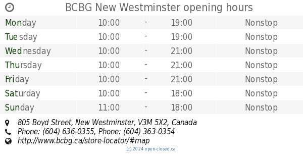 BCBG New Westminster opening hours 805 Boyd Street