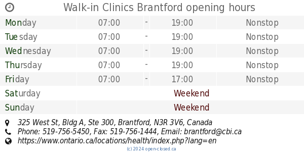 Walk-in Clinics Brantford opening hours, 325 West St, Bldg A, Ste 300