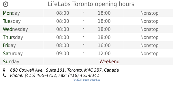 LifeLabs Toronto hours, 688 Coxwell Ave., Suite 101