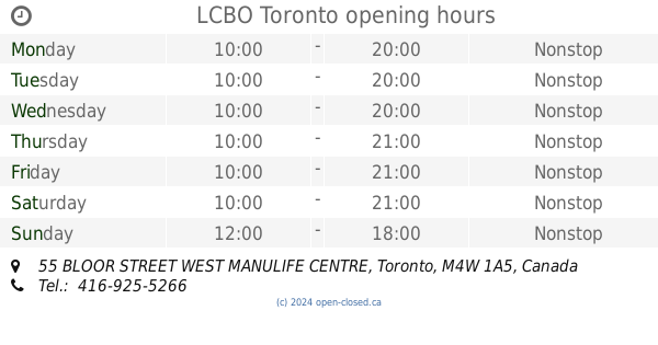 LCBO Toronto hours, 55 BLOOR STREET WEST MANULIFE CENTRE