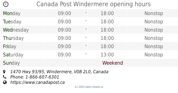 Canada Post Windermere hours, 1470 Hwy 93/95