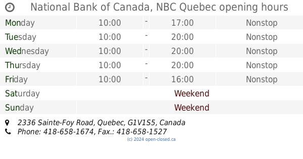 National Bank of Canada, NBC Quebec hours, 2336 Sainte-Foy Road