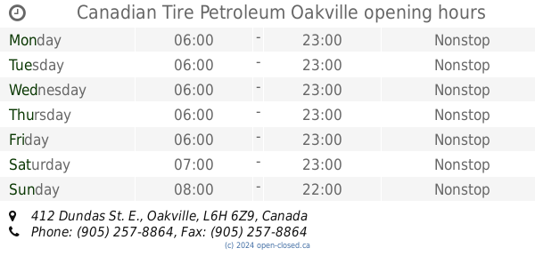 Canadian Tire Petroleum Oakville hours, 412 Dundas St. E.