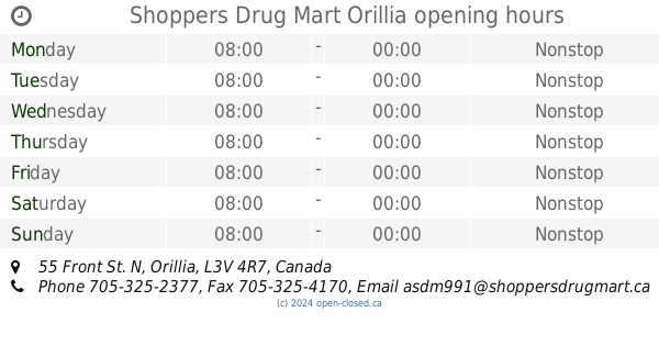 Shoppers Drug Mart Orillia hours, 55 Front St. N